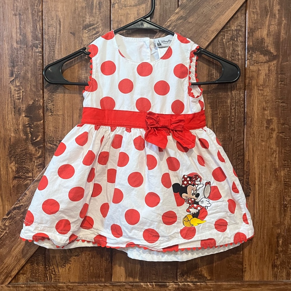 Disney parks girls Vintage Minnie Mouse ref white polka dot sleeveless dress EUC